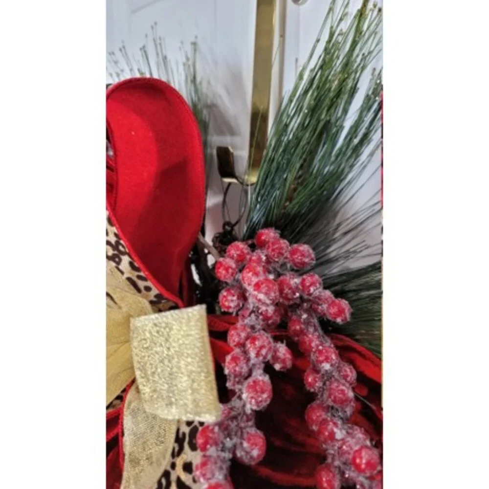 Jumbo Christmas Ornament Hanging Rattan Ornament Drop w Glam Bow, Winter Wreath
